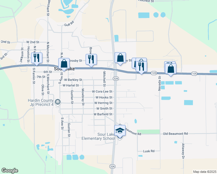 map of restaurants, bars, coffee shops, grocery stores, and more near 175 West Hartel Street in Sour Lake