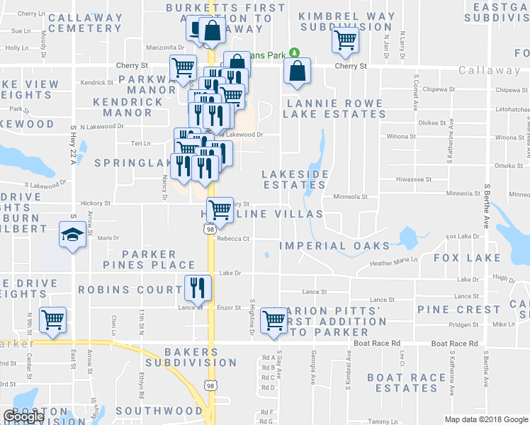 map of restaurants, bars, coffee shops, grocery stores, and more near 507 South Highline Drive in Panama City