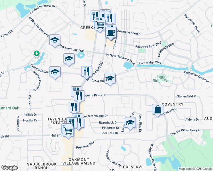 map of restaurants, bars, coffee shops, grocery stores, and more near 8455 Creekside Green Drive in The Woodlands