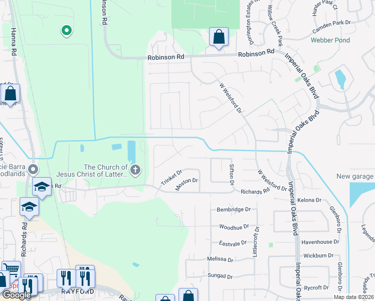 map of restaurants, bars, coffee shops, grocery stores, and more near 1510 Buchans Drive in Spring