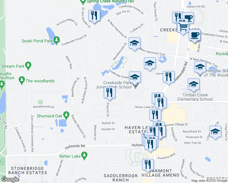 map of restaurants, bars, coffee shops, grocery stores, and more near Blue Violet Court in Tomball