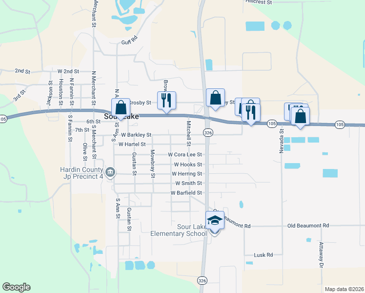 map of restaurants, bars, coffee shops, grocery stores, and more near 235-265 W Hartel St in Sour Lake