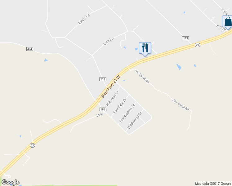 map of restaurants, bars, coffee shops, grocery stores, and more near 134 Hillcrest Drive in Bastrop