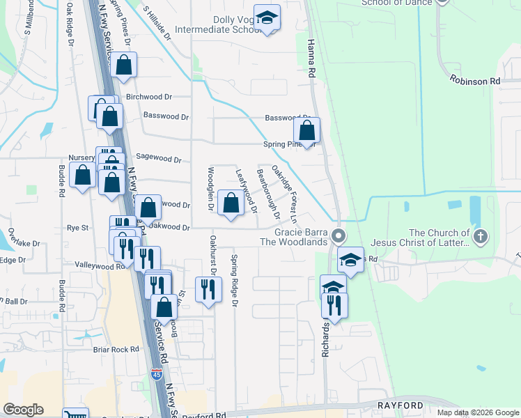 map of restaurants, bars, coffee shops, grocery stores, and more near 25814 Leafywood Drive in Spring