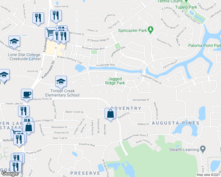 map of restaurants, bars, coffee shops, grocery stores, and more near 59 Deer River Circle in Spring