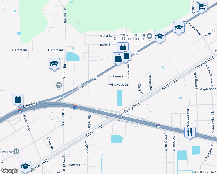 map of restaurants, bars, coffee shops, grocery stores, and more near 1330 Windwood St in Vidor
