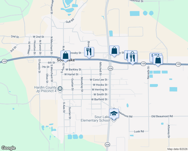 map of restaurants, bars, coffee shops, grocery stores, and more near 265 West Hartel Street in Sour Lake