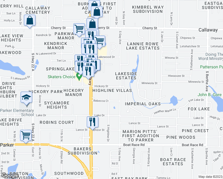 map of restaurants, bars, coffee shops, grocery stores, and more near 507 South Highline Drive in Panama City
