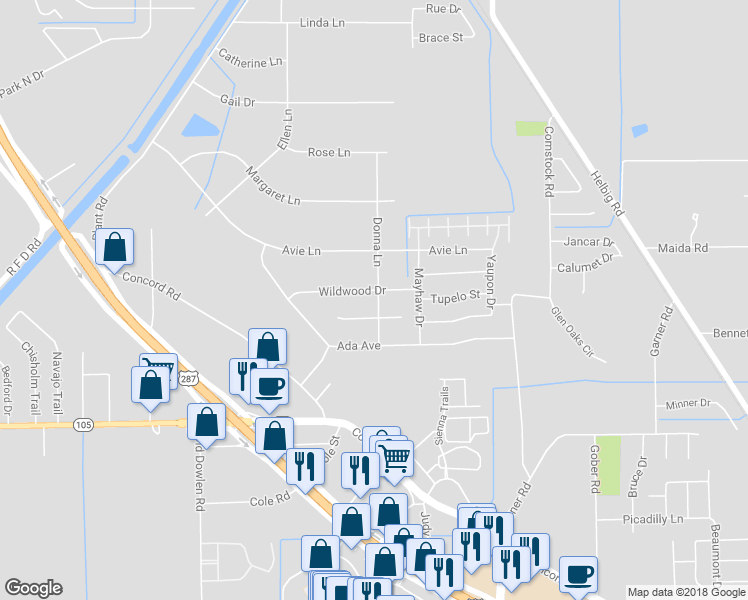map of restaurants, bars, coffee shops, grocery stores, and more near 5215 Donna Lane in Beaumont