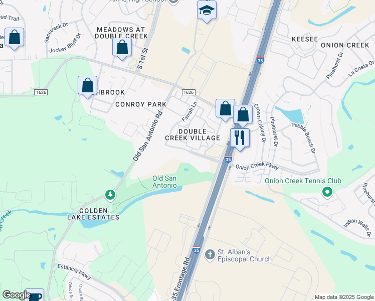 map of restaurants, bars, coffee shops, grocery stores, and more near 1907 Onion Creek Parkway in Austin
