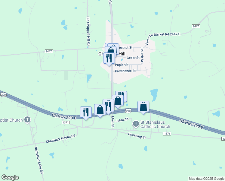 map of restaurants, bars, coffee shops, grocery stores, and more near 2447 Farm to Market 1155 in Chappell Hill