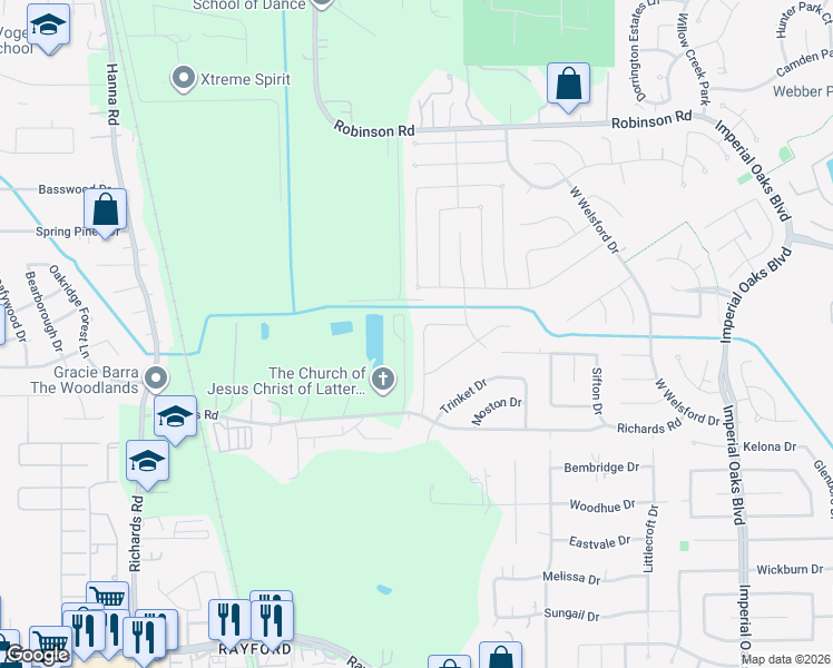 map of restaurants, bars, coffee shops, grocery stores, and more near 31007 North Head Drive in Spring