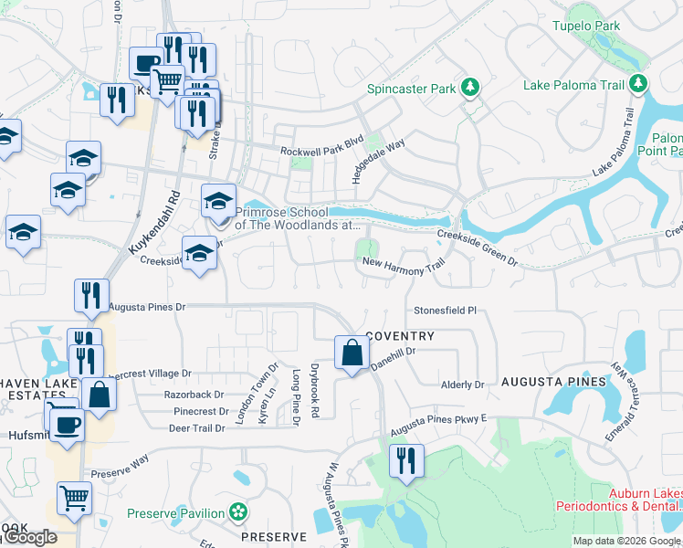 map of restaurants, bars, coffee shops, grocery stores, and more near 59 Deer River Circle in Spring