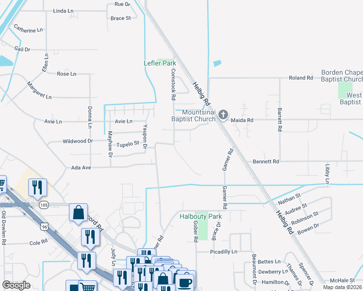 map of restaurants, bars, coffee shops, grocery stores, and more near 6230 Comstock Road in Beaumont