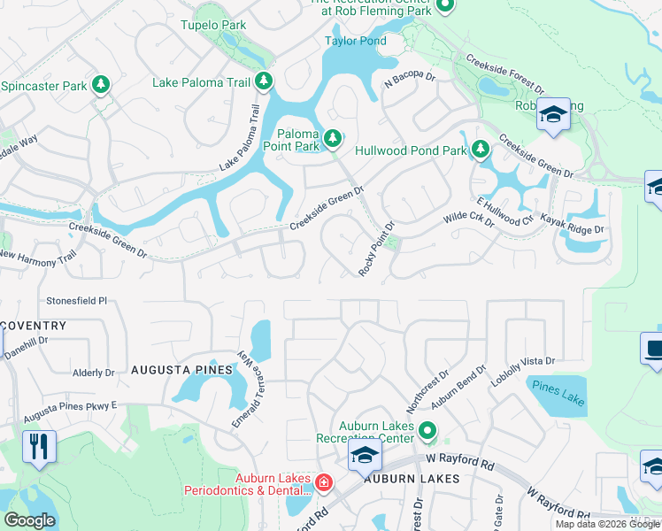 map of restaurants, bars, coffee shops, grocery stores, and more near 30 Fraiser Fir Place in The Woodlands