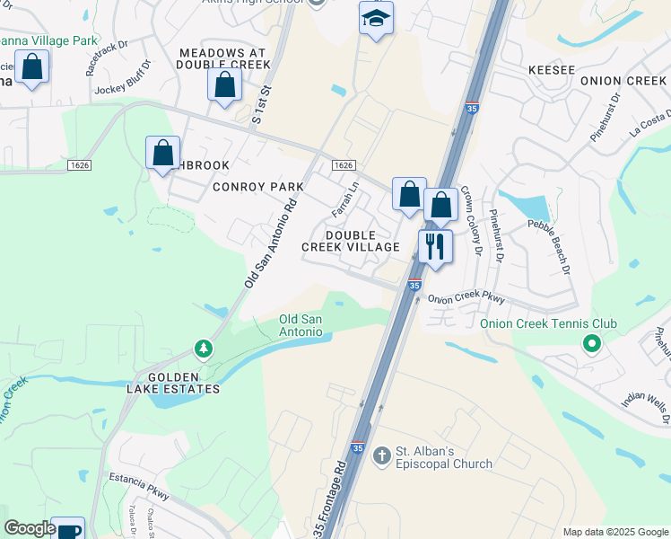 map of restaurants, bars, coffee shops, grocery stores, and more near 1906 Onion Creek Parkway in Austin