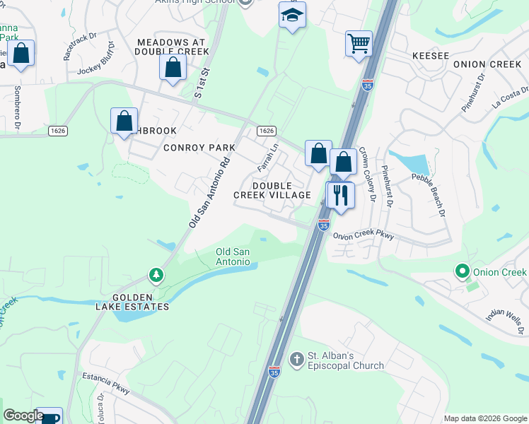 map of restaurants, bars, coffee shops, grocery stores, and more near 1911 Onion Creek Parkway in Austin