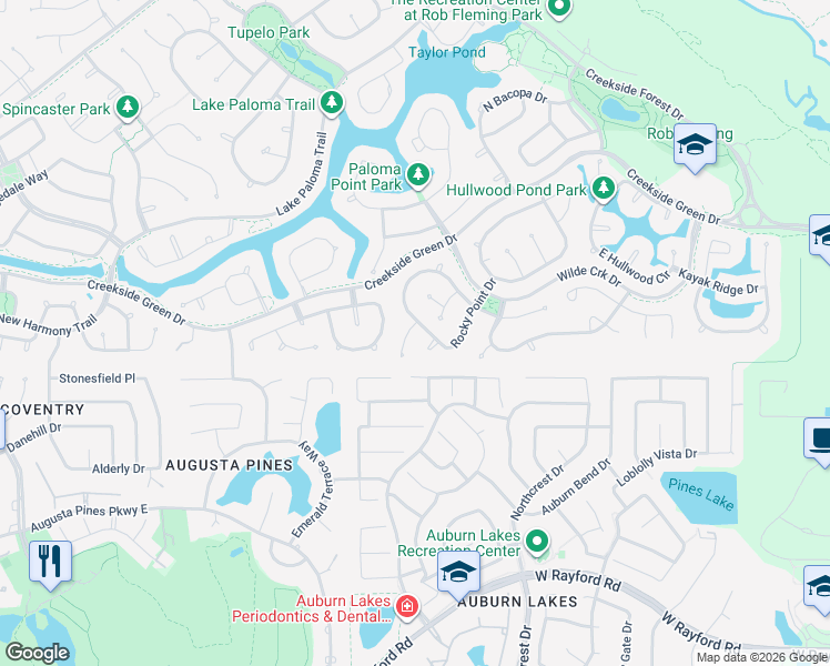 map of restaurants, bars, coffee shops, grocery stores, and more near 30 Fraiser Fir Place in The Woodlands