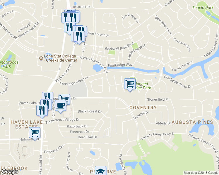 map of restaurants, bars, coffee shops, grocery stores, and more near Nagshead Place in Spring