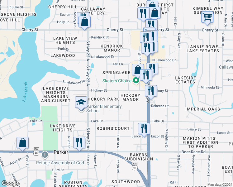 map of restaurants, bars, coffee shops, grocery stores, and more near 5214 Hickory Street in Panama City