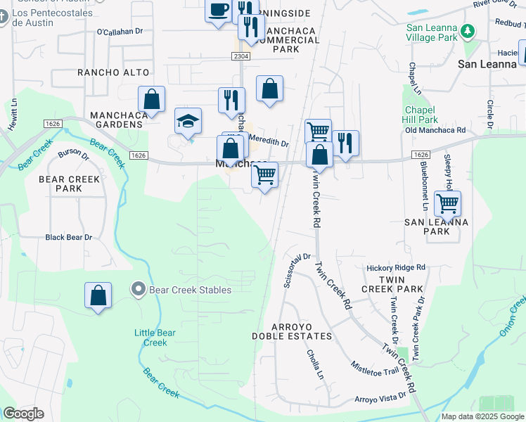 map of restaurants, bars, coffee shops, grocery stores, and more near 12306 Wirth Drive in Manchaca