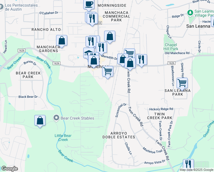 map of restaurants, bars, coffee shops, grocery stores, and more near 12306 Wirth Drive in Manchaca