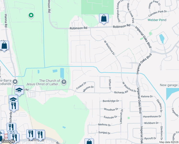 map of restaurants, bars, coffee shops, grocery stores, and more near 1510 Buchans Drive in Spring