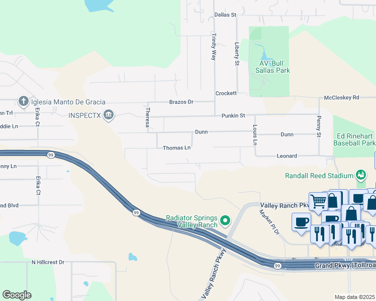 map of restaurants, bars, coffee shops, grocery stores, and more near 21140 Thomas Lane in New Caney