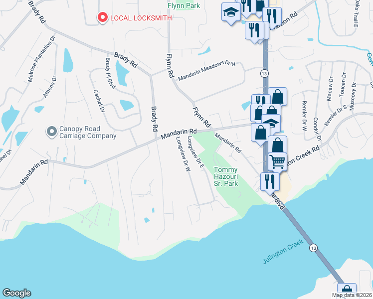 map of restaurants, bars, coffee shops, grocery stores, and more near 12710 Longview Drive East in Jacksonville