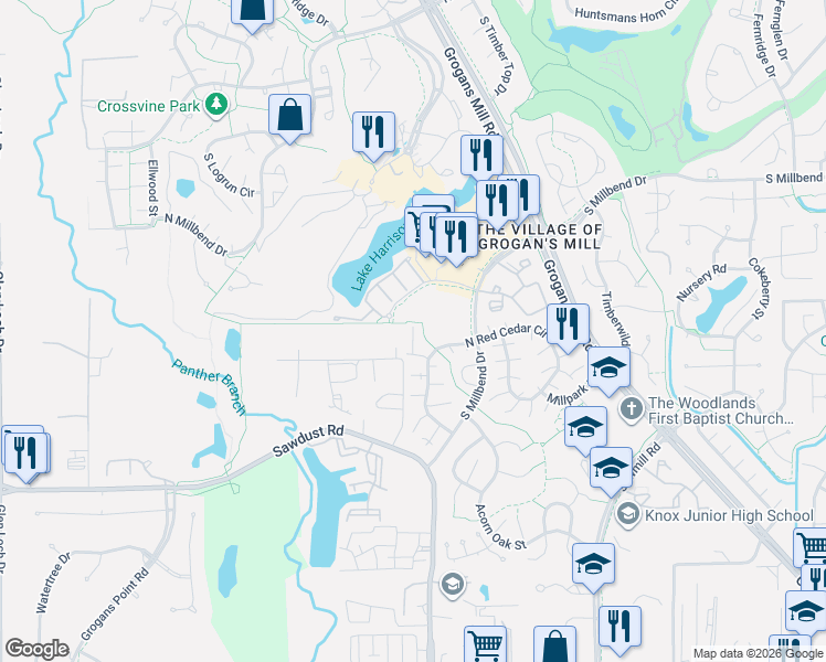map of restaurants, bars, coffee shops, grocery stores, and more near 2718 Echo Street in Spring