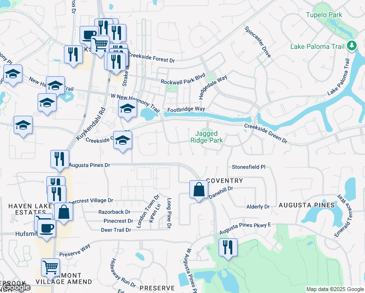 map of restaurants, bars, coffee shops, grocery stores, and more near 26 South Whistling Swan Place in Spring