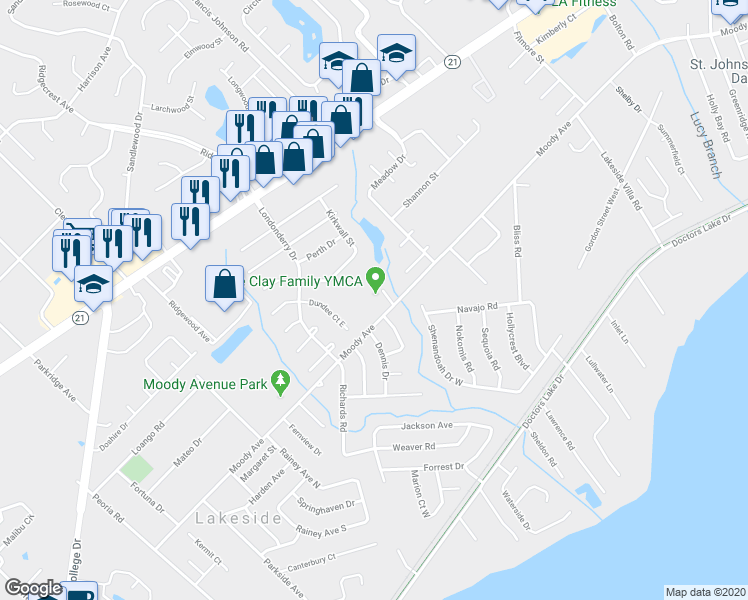 map of restaurants, bars, coffee shops, grocery stores, and more near 3322 Moody Avenue in Orange Park