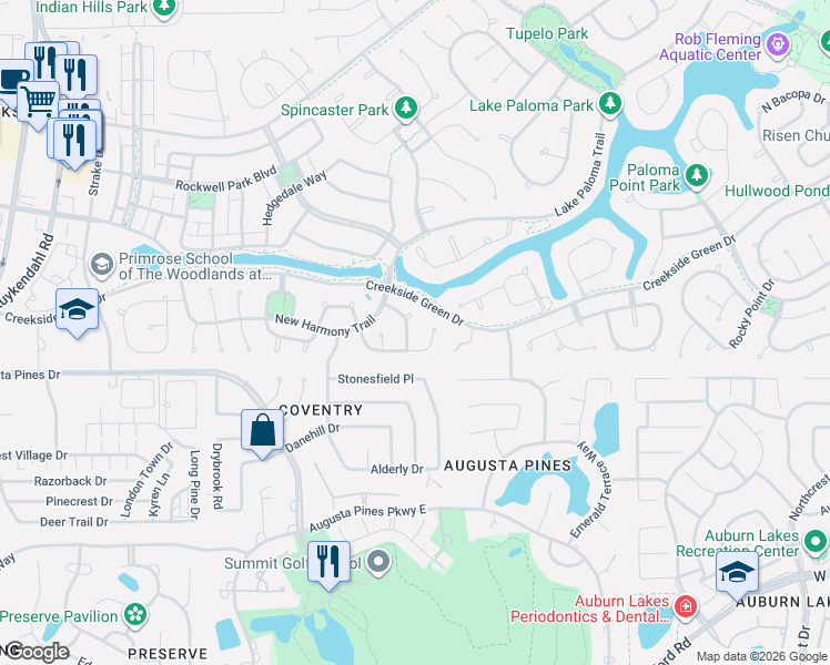 map of restaurants, bars, coffee shops, grocery stores, and more near 14 Tallgrass Way in Spring