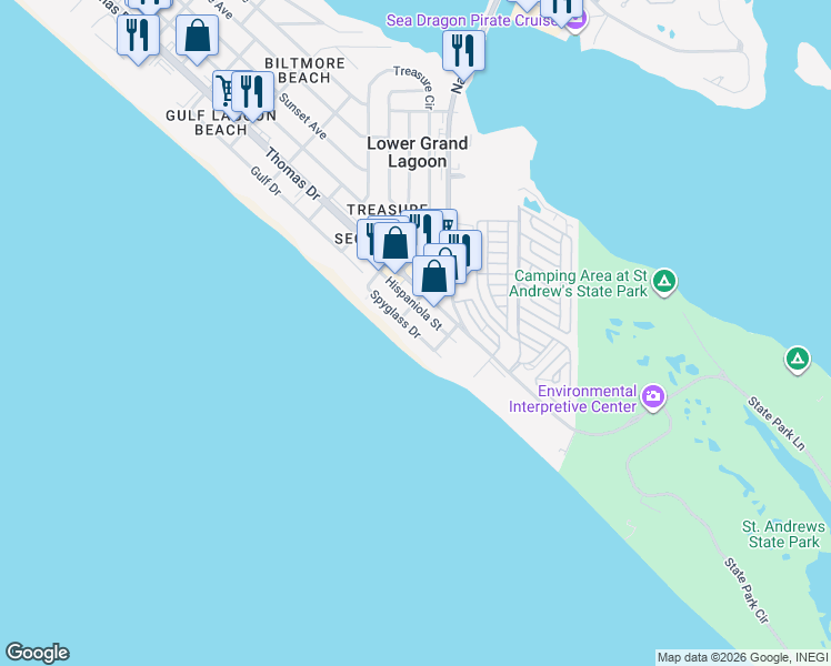 map of restaurants, bars, coffee shops, grocery stores, and more near 4812 Spyglass Drive in Panama City