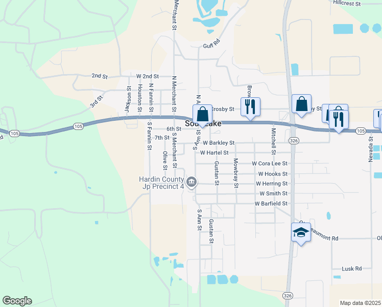 map of restaurants, bars, coffee shops, grocery stores, and more near 569 W Hartel St in Sour Lake