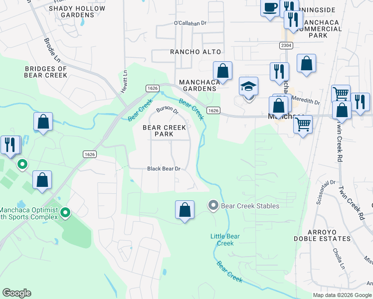 map of restaurants, bars, coffee shops, grocery stores, and more near 12704 Burson Drive in Manchaca