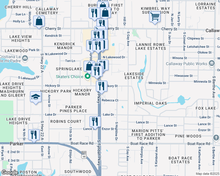 map of restaurants, bars, coffee shops, grocery stores, and more near 5702 Hickory Street in Panama City