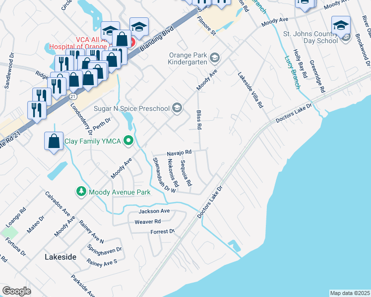 map of restaurants, bars, coffee shops, grocery stores, and more near 2781 Navajo Road in Orange Park