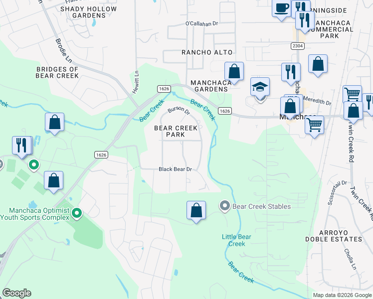 map of restaurants, bars, coffee shops, grocery stores, and more near 12704 Burson Drive in Manchaca