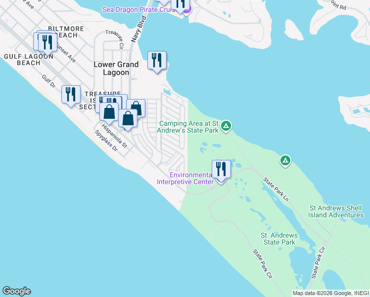 map of restaurants, bars, coffee shops, grocery stores, and more near 506 South Marlin Drive in Panama City Beach
