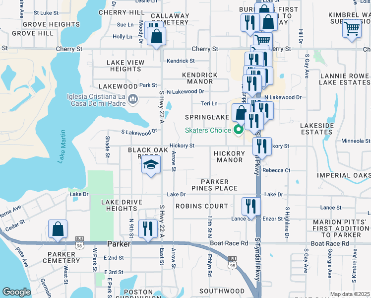 map of restaurants, bars, coffee shops, grocery stores, and more near 5114 Hickory Street in Panama City