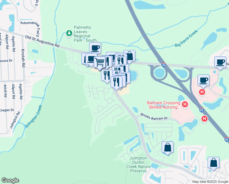 map of restaurants, bars, coffee shops, grocery stores, and more near 12751 Bartram Park Boulevard in Jacksonville