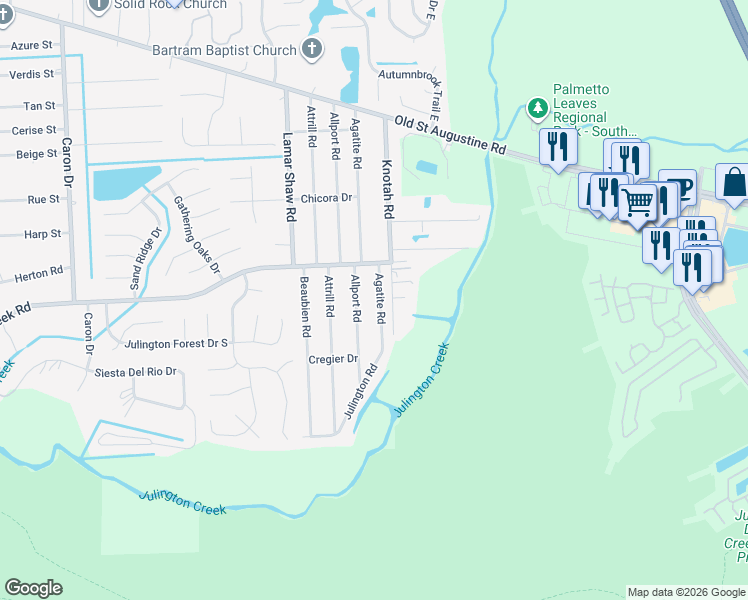 map of restaurants, bars, coffee shops, grocery stores, and more near 12676 Agatite Road in Jacksonville