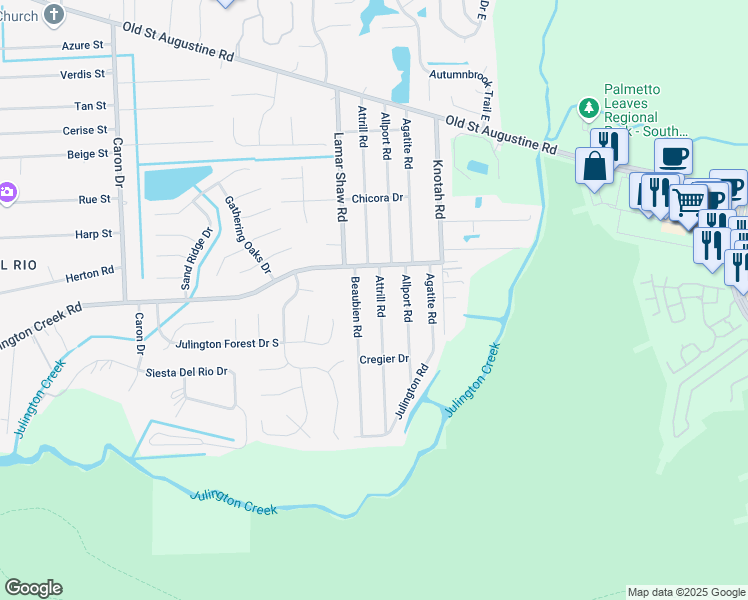 map of restaurants, bars, coffee shops, grocery stores, and more near 12689 Attrill Road in Jacksonville