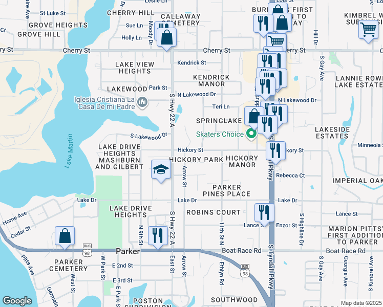 map of restaurants, bars, coffee shops, grocery stores, and more near 5114 Hickory Street in Panama City