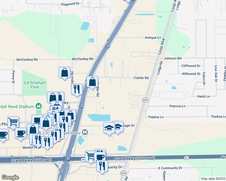 map of restaurants, bars, coffee shops, grocery stores, and more near 22590 Cuttler Rd in New Caney