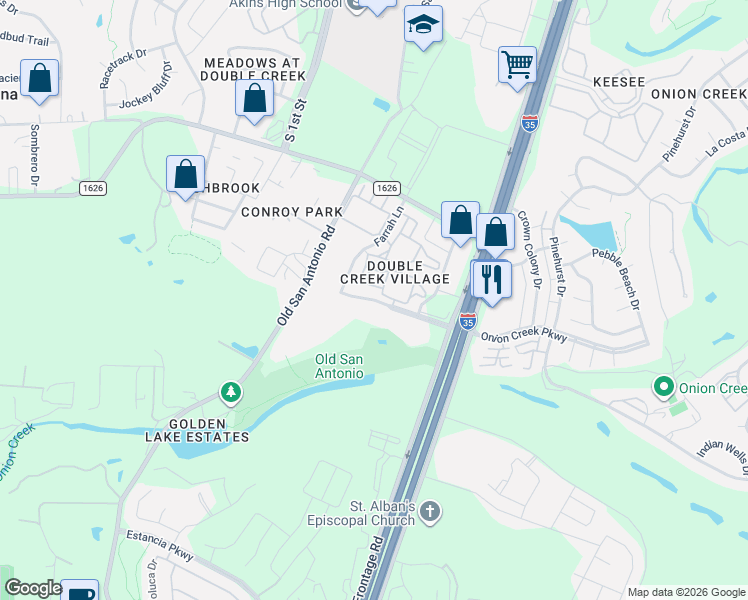 map of restaurants, bars, coffee shops, grocery stores, and more near 1900 Onion Creek Parkway in Austin