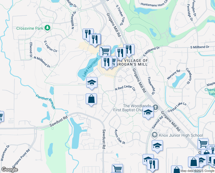map of restaurants, bars, coffee shops, grocery stores, and more near 2500 South Millbend Drive in The Woodlands