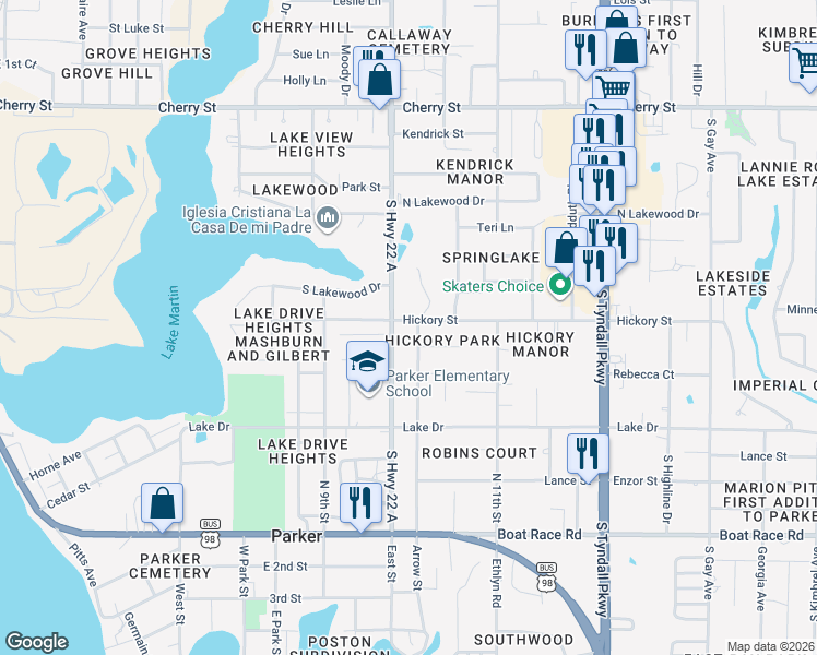 map of restaurants, bars, coffee shops, grocery stores, and more near 5014 Hickory Street in Panama City