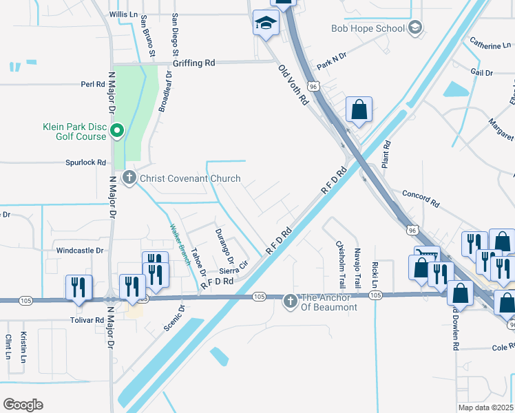 map of restaurants, bars, coffee shops, grocery stores, and more near 6460 Highpoint Avenue in Beaumont